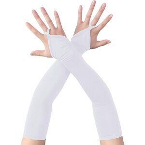 Women's Finger Loop White Elegant Stretchy Spandex Elbow Length Satin Gloves